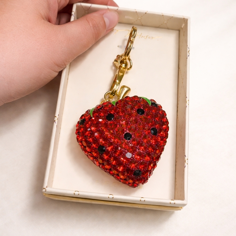 Betsy Johnson Sparkly Strawberry Keychain 🍓 Rhinestone Bling Charm BIG